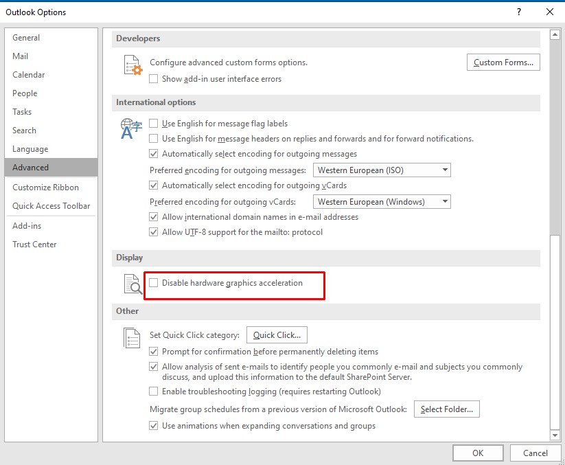 Uncheck the box ‘Use hardware graphics acceleration’